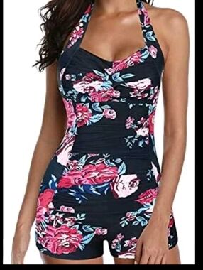 Retro Floral Halter One Piece Swimsuit